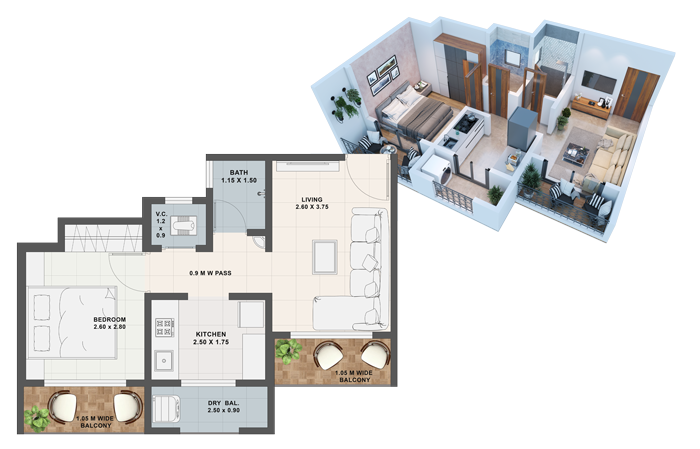 roomplan-1BHK_2D3D